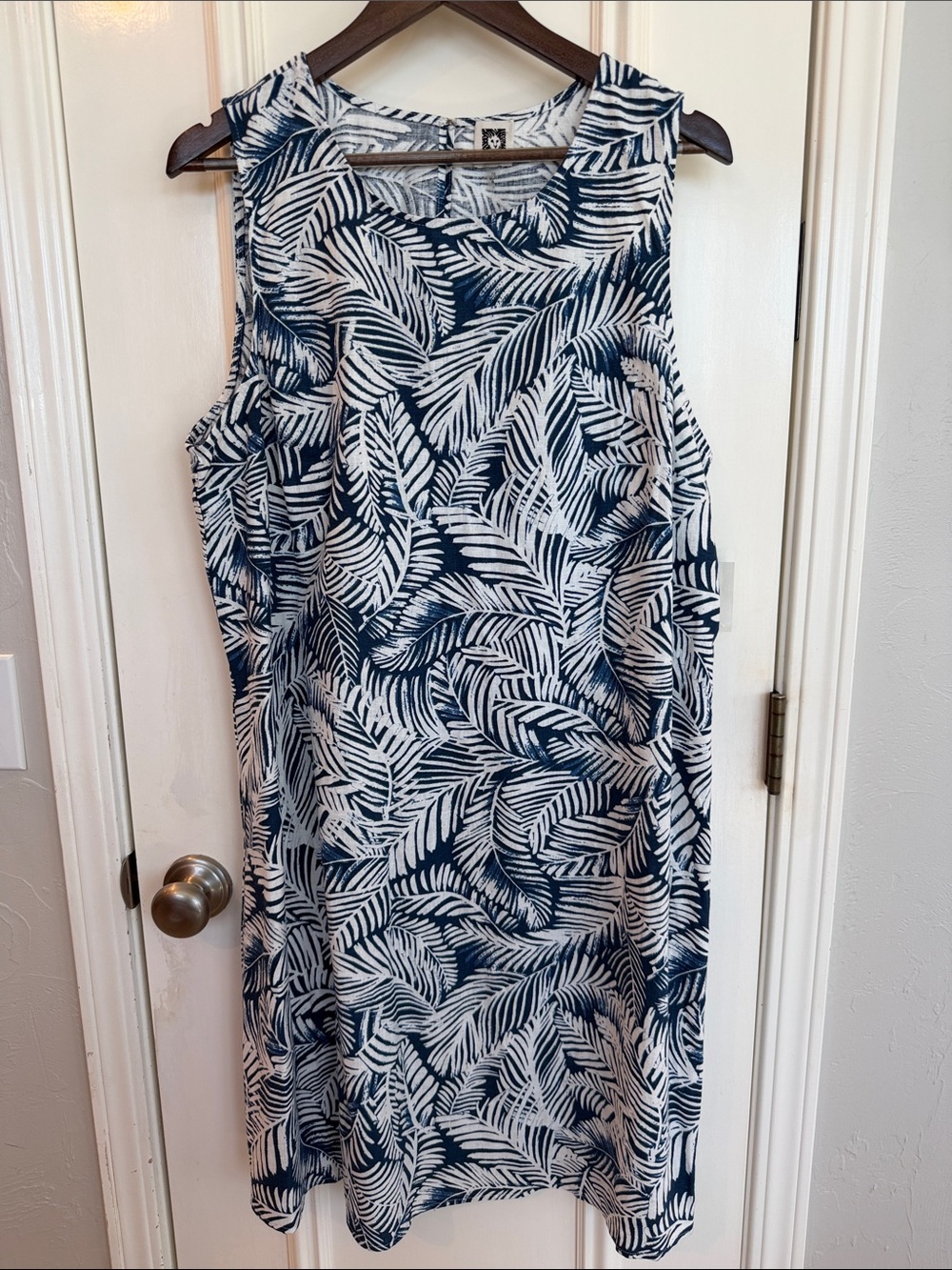 Anne Klein Navy & White Tropical Palm Leaf Scoop Neck Dress